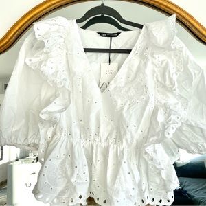 NWT Zara 100% Cotton Blouse w/ cutwork & flower embroidery